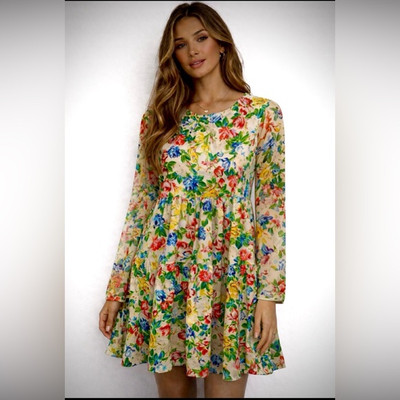 AFRM Dresses & Skirts - AFRM size Large Multicolor Floral mini Dress with sheer sleeves
